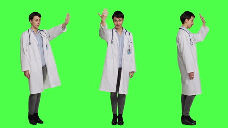Woman-medic-waving-hello-and-asking-people-to-come-over-at-checkup
